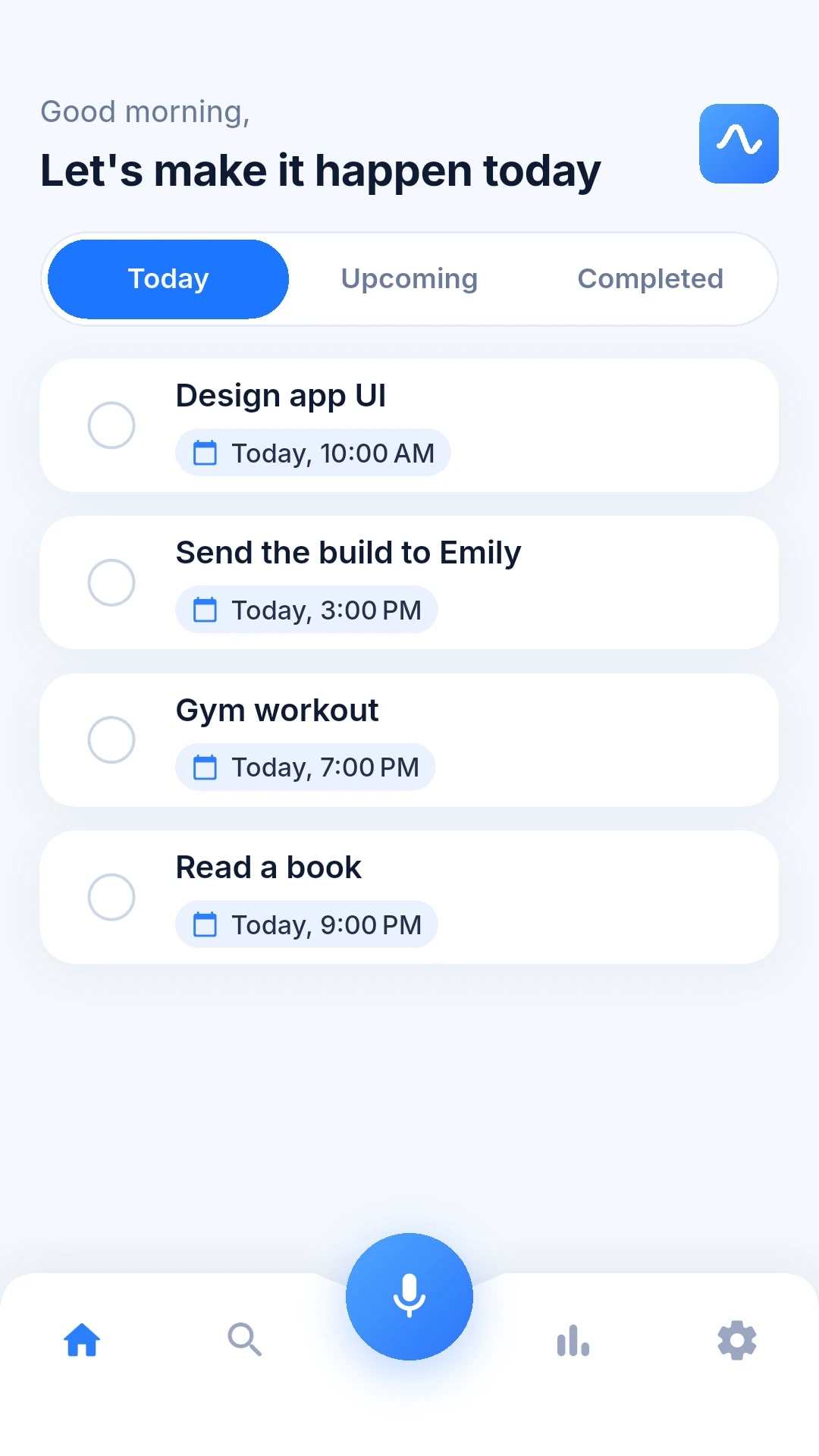 Tasuke AI home screen showing today's tasks, each with a time chip