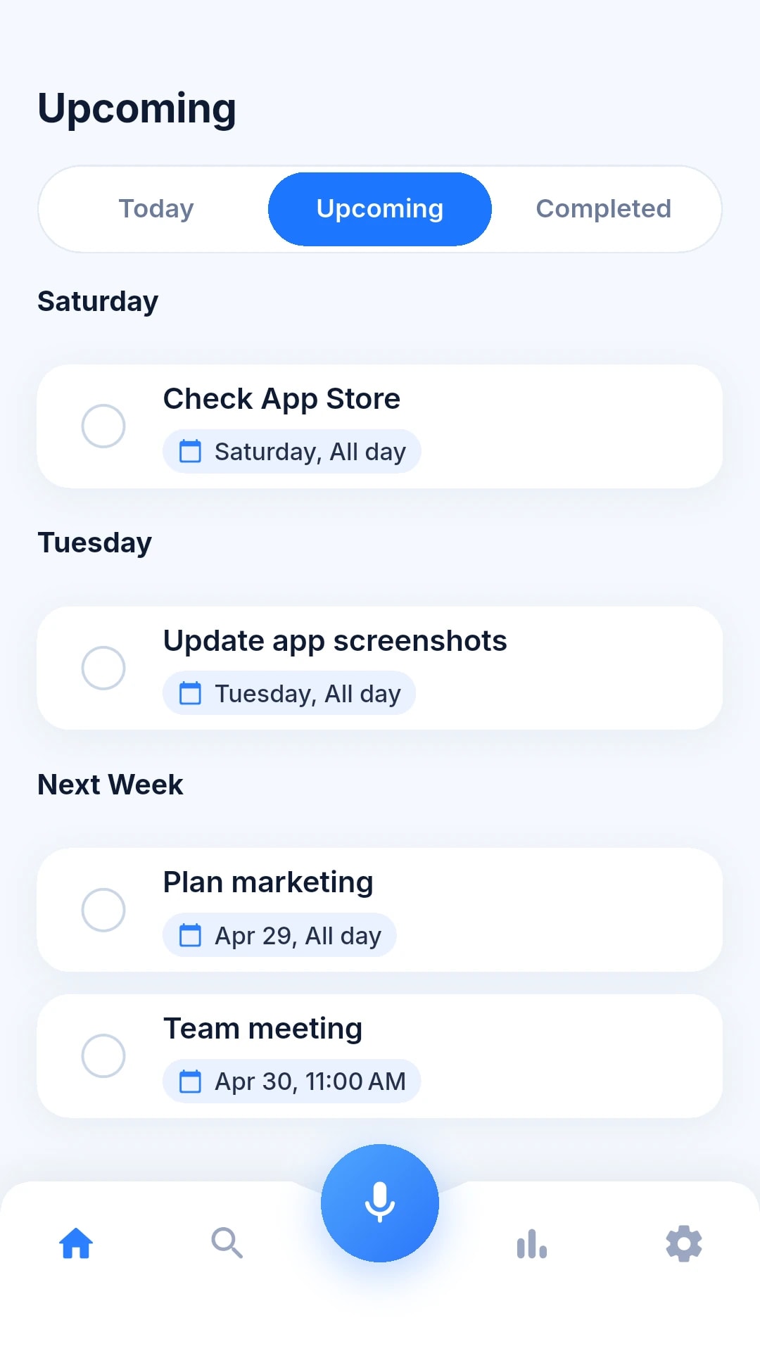 Upcoming tab with tasks grouped by day